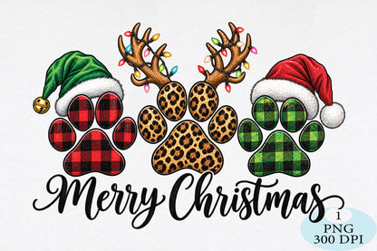 Merry Christmas Plaid Paw Prints PNG