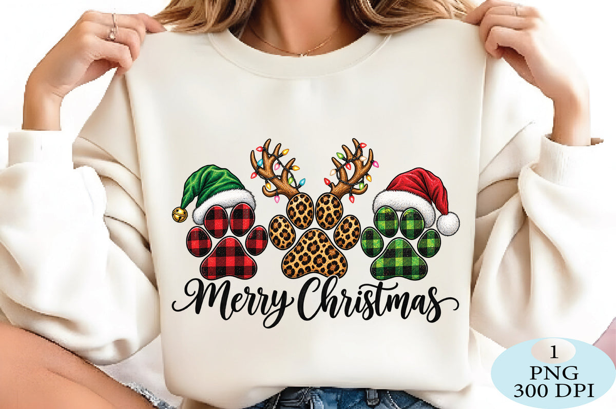 Merry Christmas Plaid Paw Prints PNG