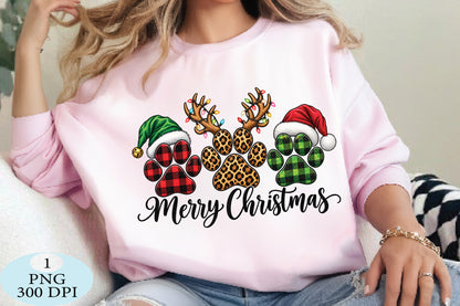 Merry Christmas Plaid Paw Prints PNG