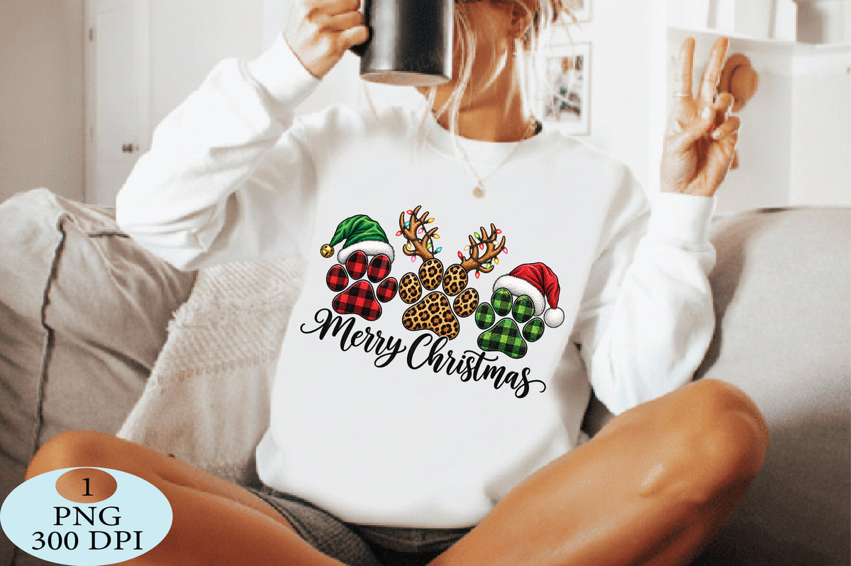 Merry Christmas Plaid Paw Prints PNG