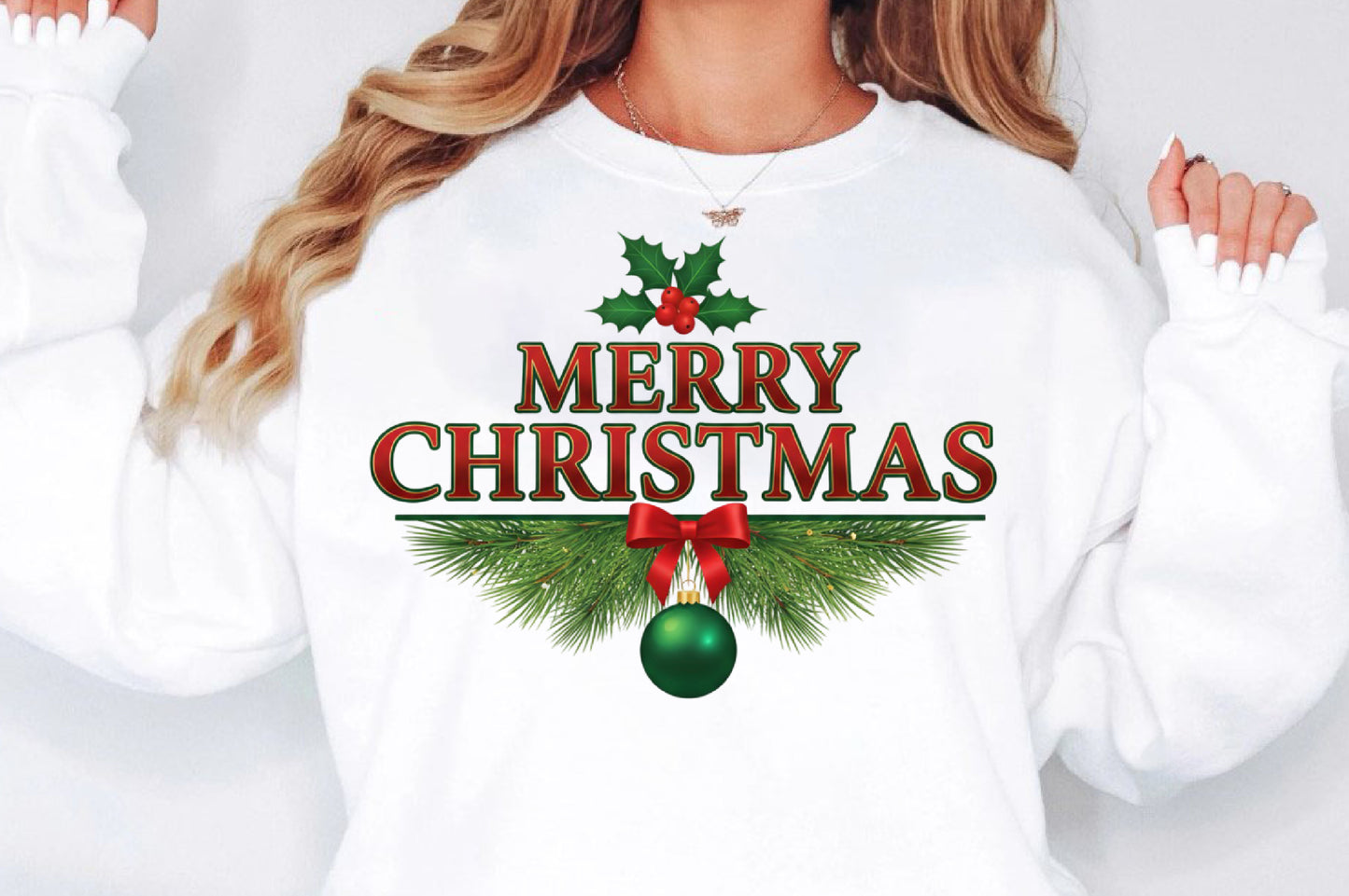 Merry Christmas Holly Pine Bow Ornament PNG Holiday Sublimation