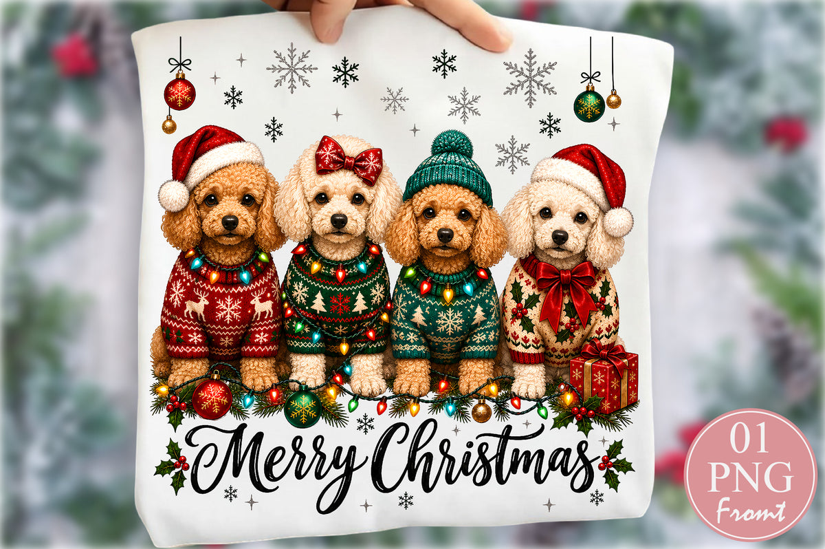 Merry Christmas Poodle Dogs PNG Sublimation Design