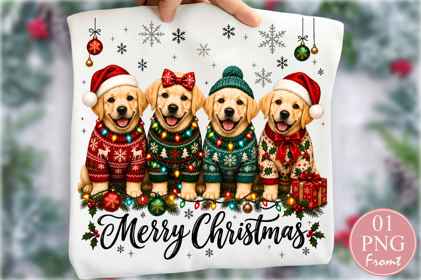 Merry Christmas Puppies Dogs PNG Sublimation Design