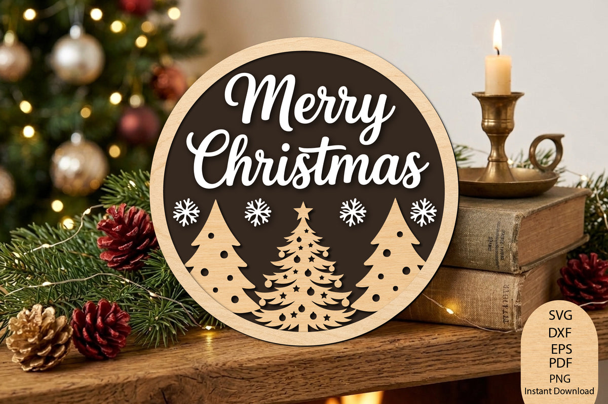 Merry Christmas Round Sign Laser Cut SVG, Christmas Round Door Sign Cut File, Holiday Wall Decor SVG