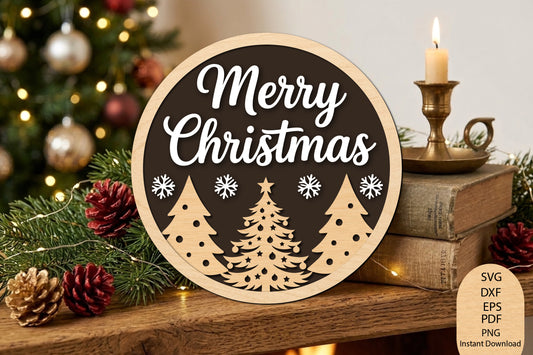 Merry Christmas Round Sign Laser Cut SVG, Christmas Round Door Sign Cut File, Holiday Wall Decor SVG