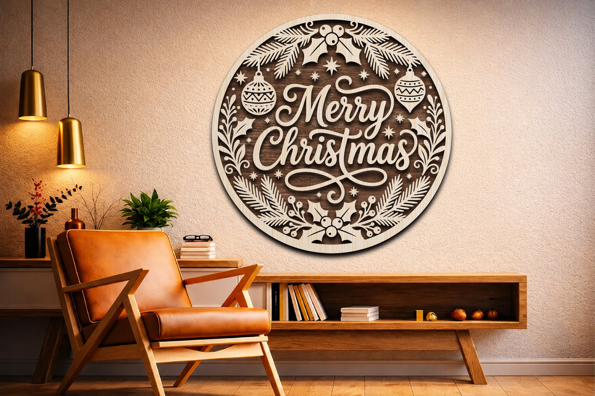 Merry Christmas Holly Round Sign SVG