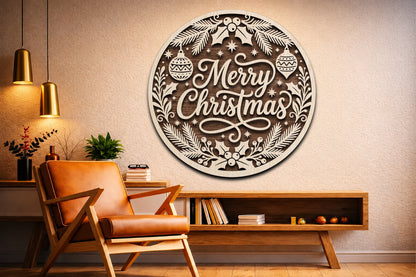 Merry Christmas Holly Round Sign SVG