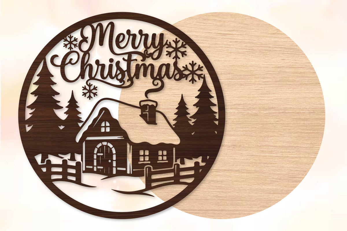 Merry Christmas Snowy Cabin Laser Cut SVG