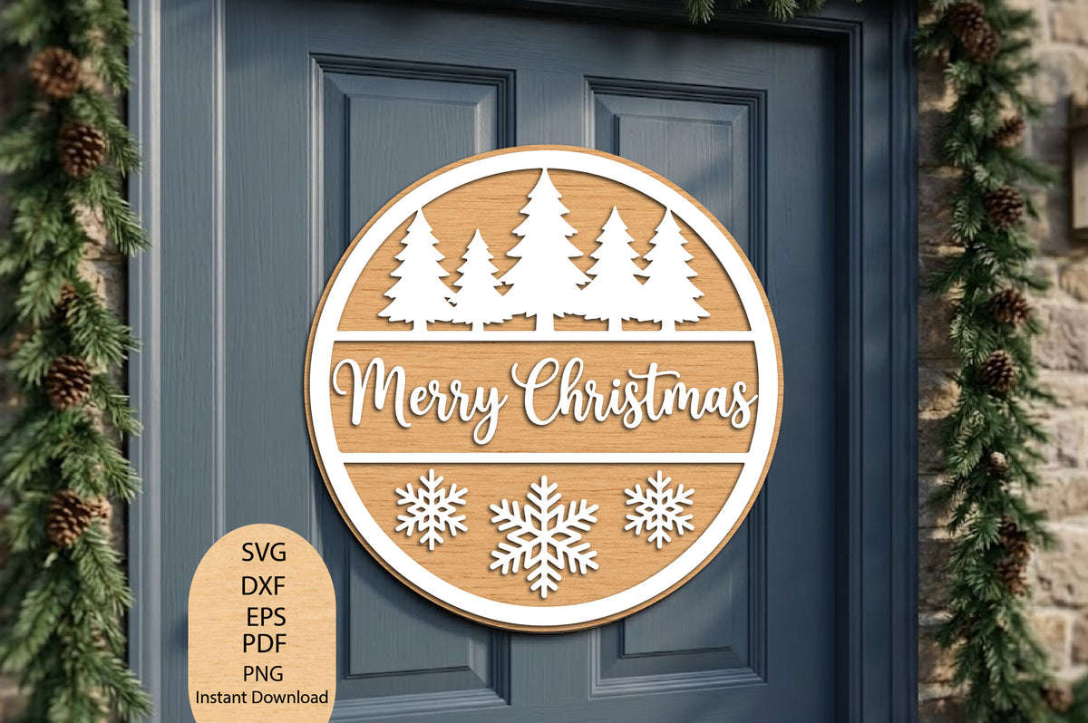 Merry Christmas Tree Sign Laser Cut SVG, Christmas Door Sign Cut File, Christmas Tree Wall Decor SVG