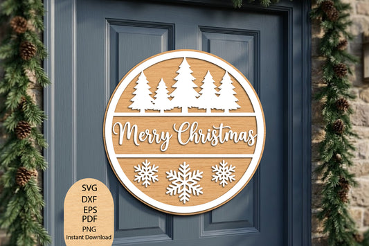 Merry Christmas Tree Sign Laser Cut SVG, Christmas Door Sign Cut File, Christmas Tree Wall Decor SVG
