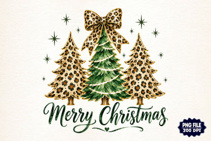 Merry Christmas Tree PNG, Leopard Print Christmas Tree & Coquette Bow Sublimation Design