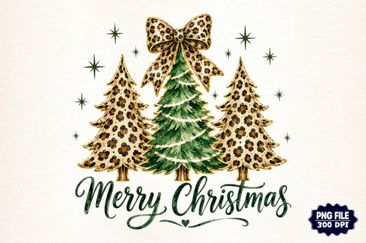 Merry Christmas Tree PNG, Leopard Print Christmas Tree & Coquette Bow Sublimation Design