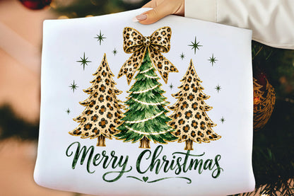 Merry Christmas Tree PNG, Leopard Print Christmas Tree & Coquette Bow Sublimation Design