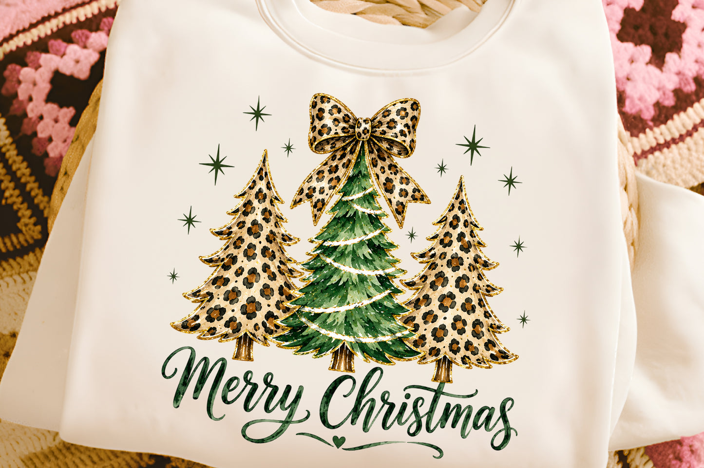 Merry Christmas Tree PNG, Leopard Print Christmas Tree & Coquette Bow Sublimation Design