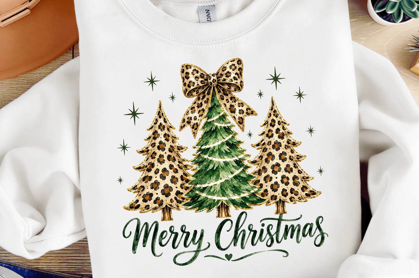 Merry Christmas Tree PNG, Leopard Print Christmas Tree & Coquette Bow Sublimation Design