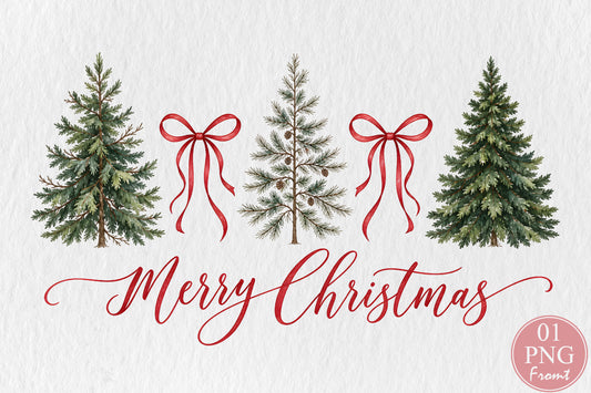 Merry Christmas Trees PNG Red Bow Winter Pine Tree Sublimation Design