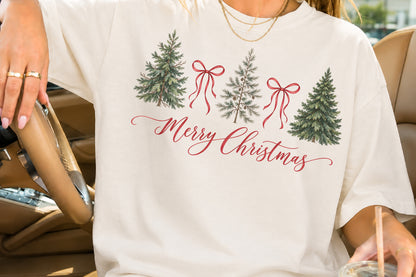 Merry Christmas Trees PNG Red Bow Winter Pine Tree Sublimation Design