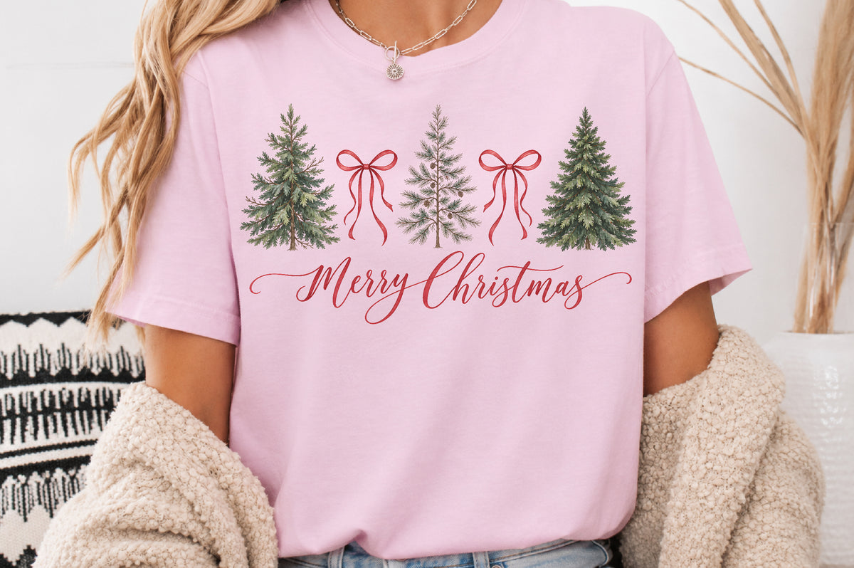 Merry Christmas Trees PNG Red Bow Winter Pine Tree Sublimation Design