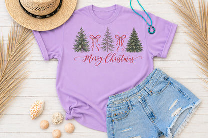 Merry Christmas Trees PNG Red Bow Winter Pine Tree Sublimation Design