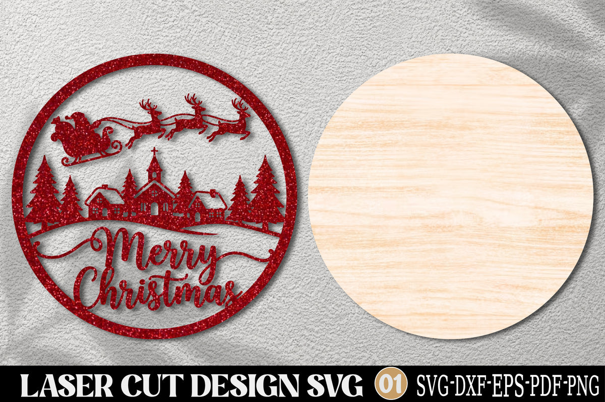 Merry Christmas Village Ornament SVG | Santa Sleigh Laser Cut Design