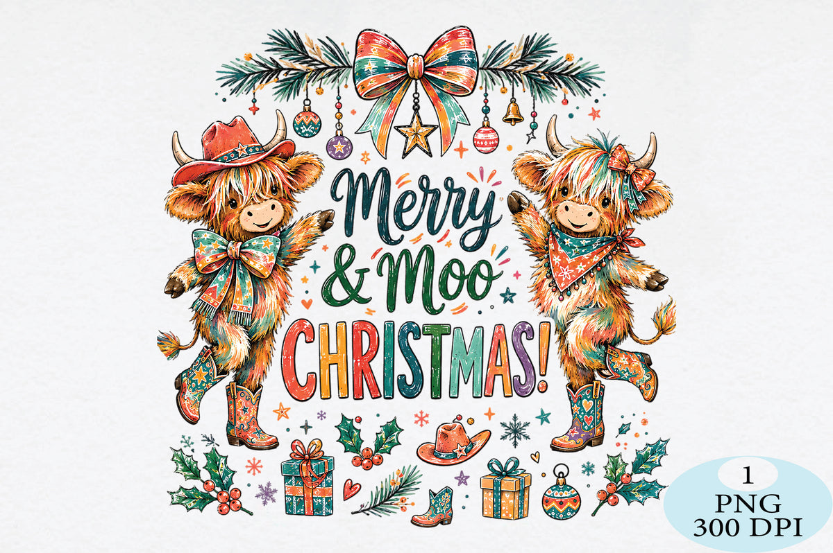 Merry Moo Christmas Highland Cow PNG