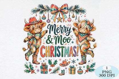 Merry Moo Christmas Highland Cow PNG