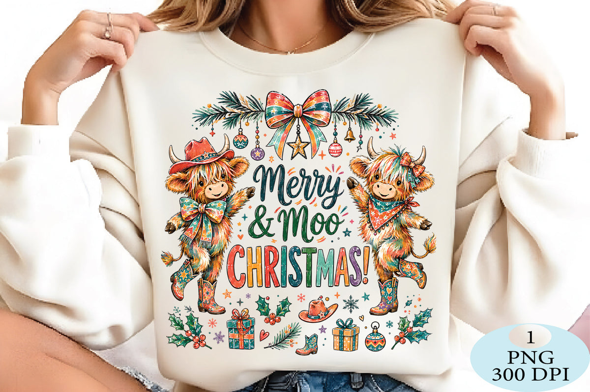 Merry Moo Christmas Highland Cow PNG