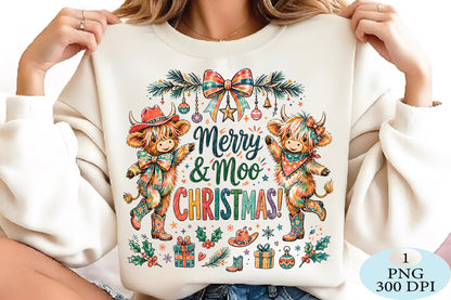 Merry Moo Christmas Highland Cow PNG