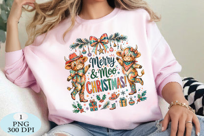 Merry Moo Christmas Highland Cow PNG