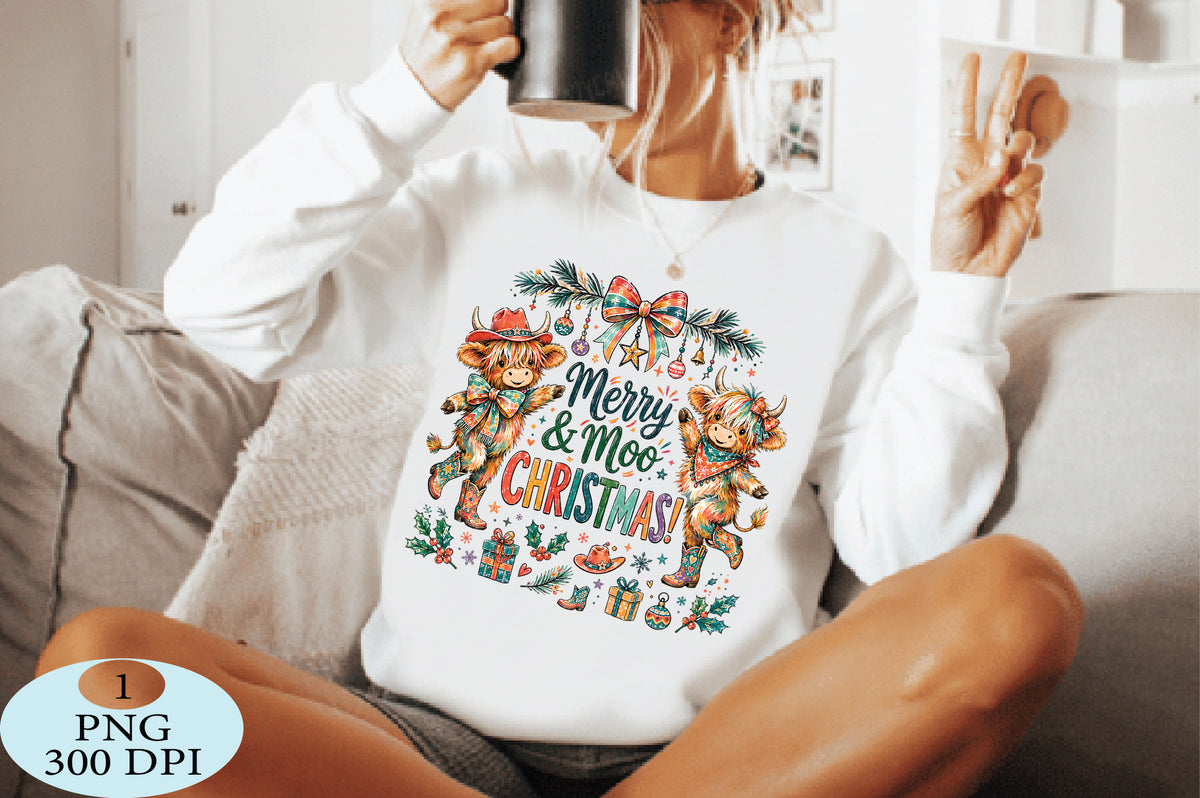 Merry Moo Christmas Highland Cow PNG