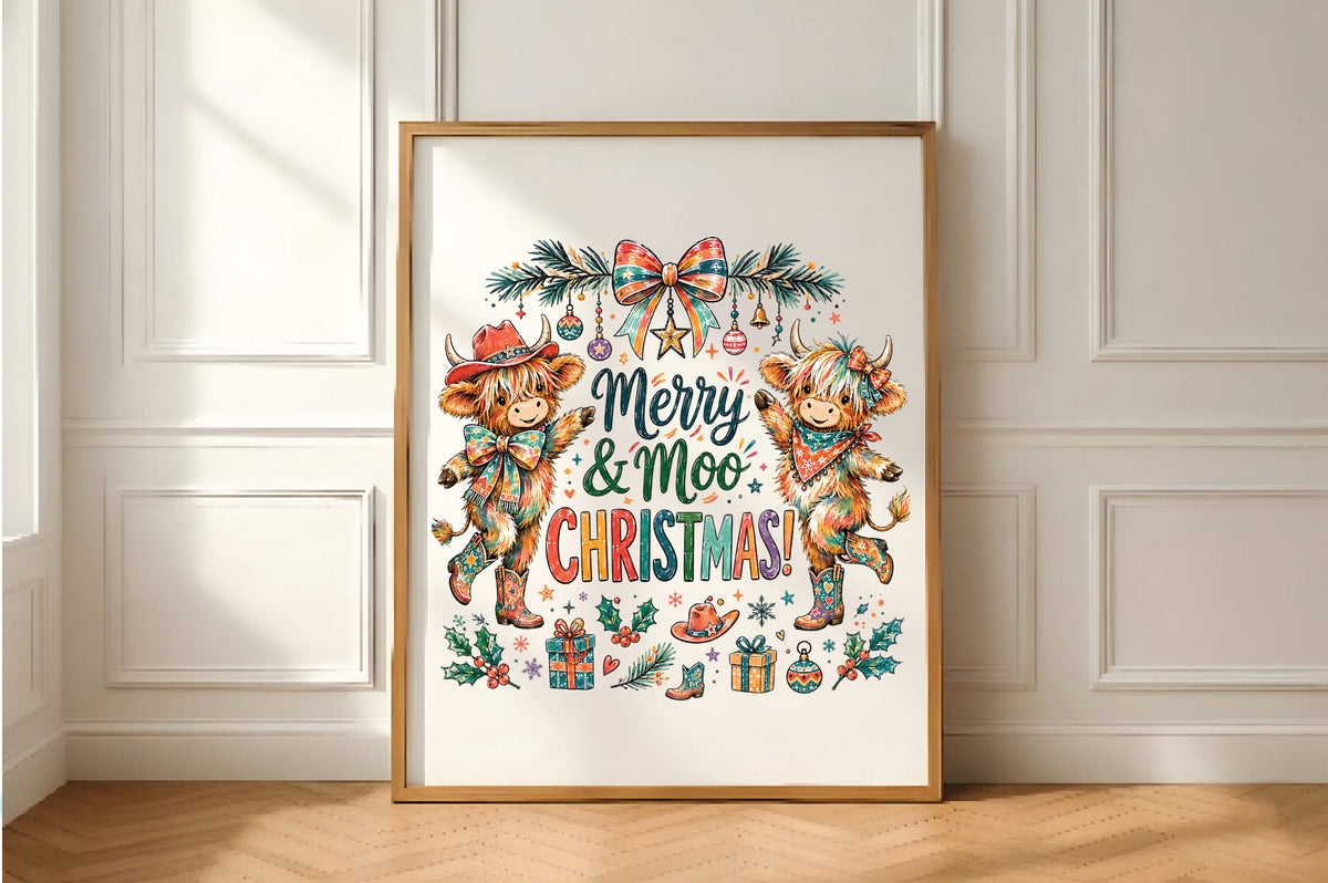 Merry Moo Christmas Highland Cow PNG