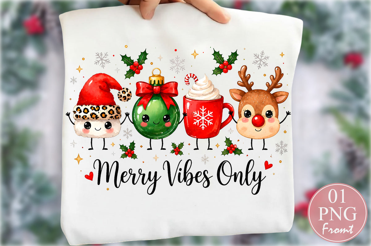 Merry Vibes Only Christmas PNG Cute Santa Ornament Reindeer Sublimation