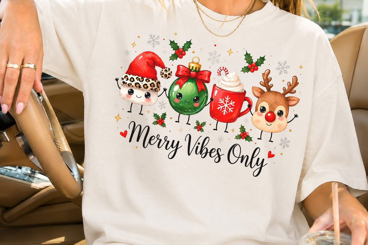 Merry Vibes Only Christmas PNG Cute Santa Ornament Reindeer Sublimation
