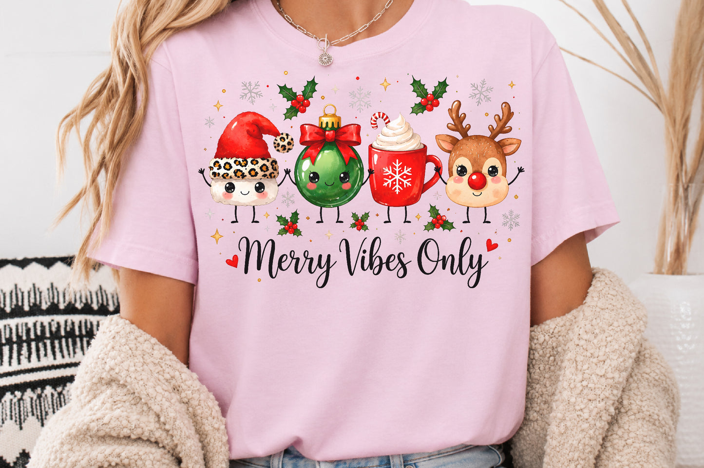 Merry Vibes Only Christmas PNG Cute Santa Ornament Reindeer Sublimation