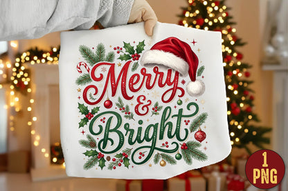 Merry & Bright Christmas PNG, Merry Bright Holiday Sublimation Design, Christmas Shirt PNG, Santa Hat Christmas Graphic