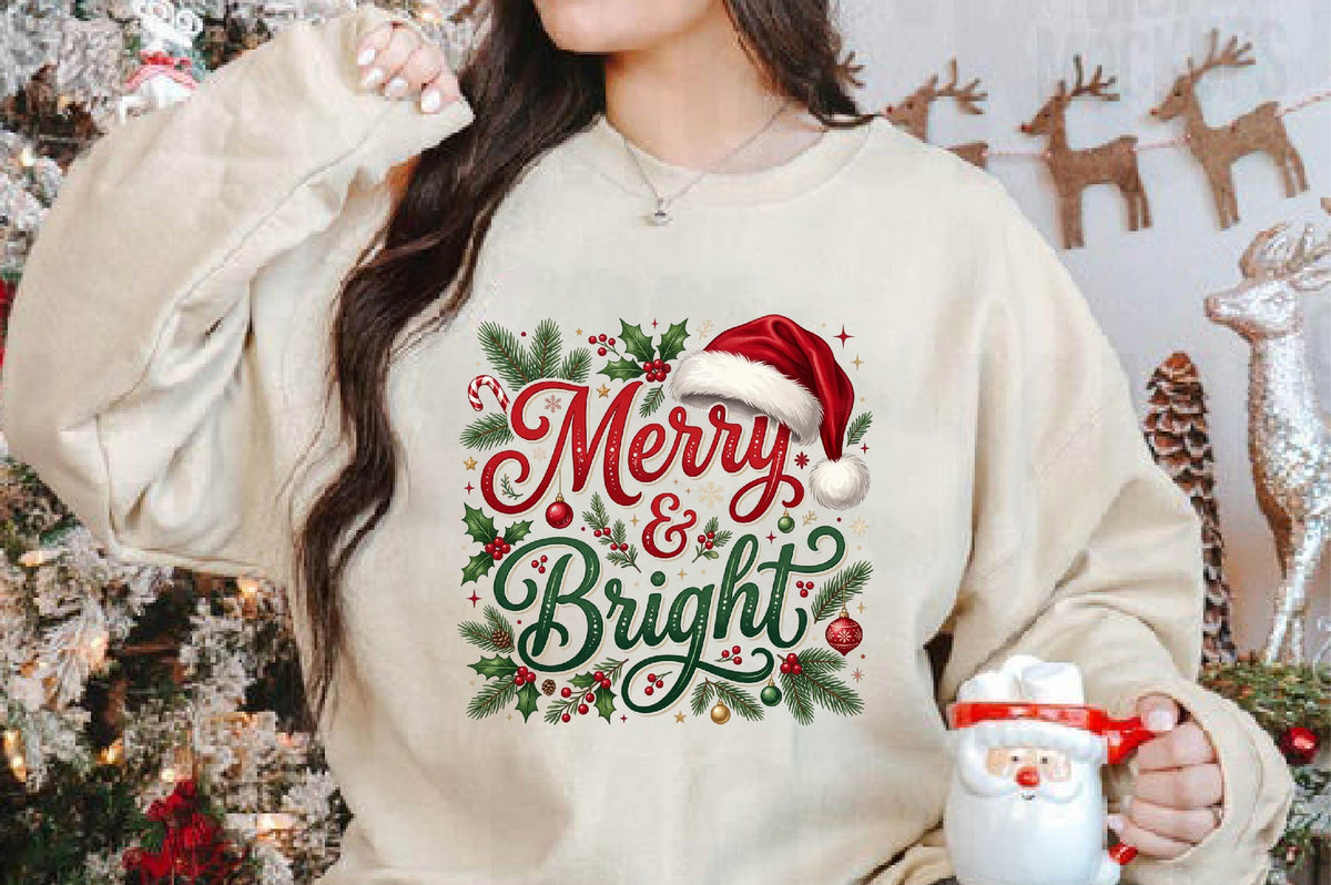 Merry & Bright Christmas PNG, Merry Bright Holiday Sublimation Design, Christmas Shirt PNG, Santa Hat Christmas Graphic