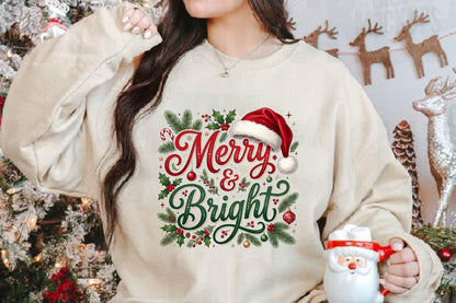 Merry & Bright Christmas PNG, Merry Bright Holiday Sublimation Design, Christmas Shirt PNG, Santa Hat Christmas Graphic