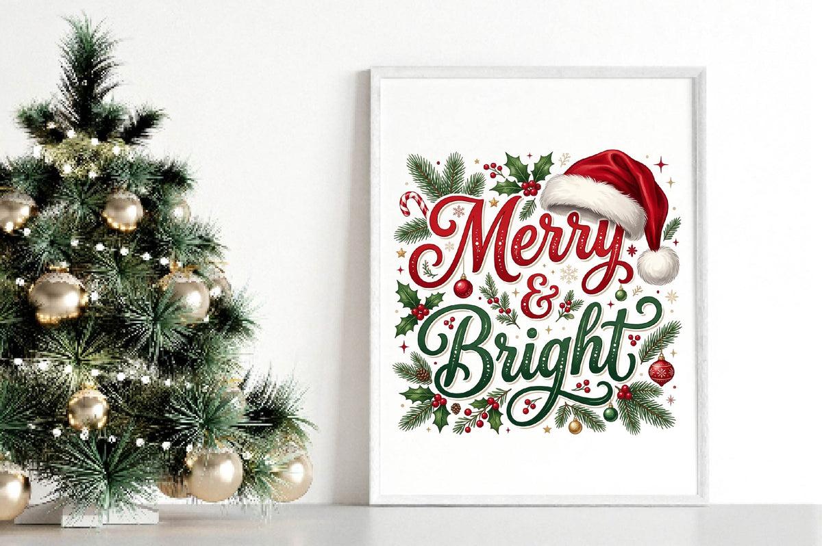 Merry & Bright Christmas PNG, Merry Bright Holiday Sublimation Design, Christmas Shirt PNG, Santa Hat Christmas Graphic