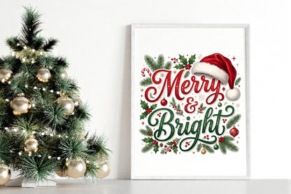 Merry & Bright Christmas PNG, Merry Bright Holiday Sublimation Design, Christmas Shirt PNG, Santa Hat Christmas Graphic