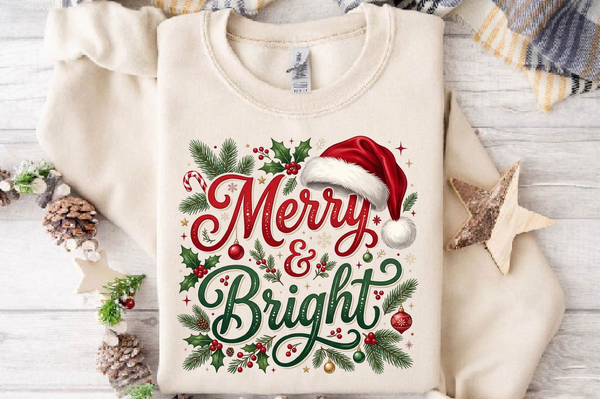Merry & Bright Christmas PNG, Merry Bright Holiday Sublimation Design, Christmas Shirt PNG, Santa Hat Christmas Graphic