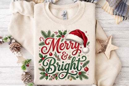 Merry & Bright Christmas PNG, Merry Bright Holiday Sublimation Design, Christmas Shirt PNG, Santa Hat Christmas Graphic