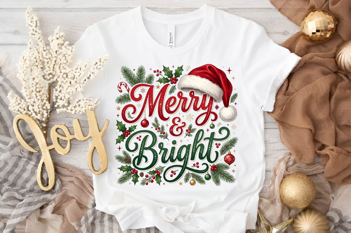 Merry & Bright Christmas PNG, Merry Bright Holiday Sublimation Design, Christmas Shirt PNG, Santa Hat Christmas Graphic