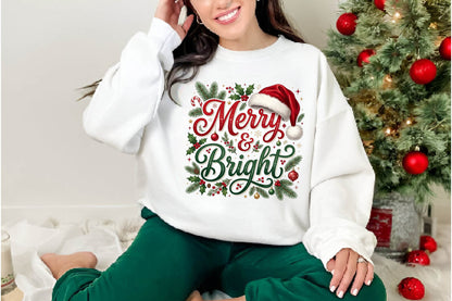 Merry & Bright Christmas PNG, Merry Bright Holiday Sublimation Design, Christmas Shirt PNG, Santa Hat Christmas Graphic