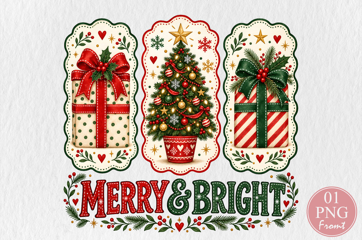 Merry and Bright Christmas PNG Sublimation Design