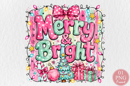 Merry & Bright Christmas PNG Pink Green Holiday Tree Gift Sublimation Design