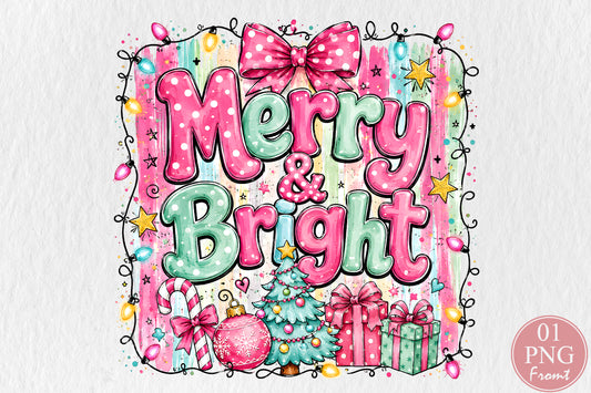 Merry & Bright Christmas PNG Pink Green Holiday Tree Gift Sublimation Design