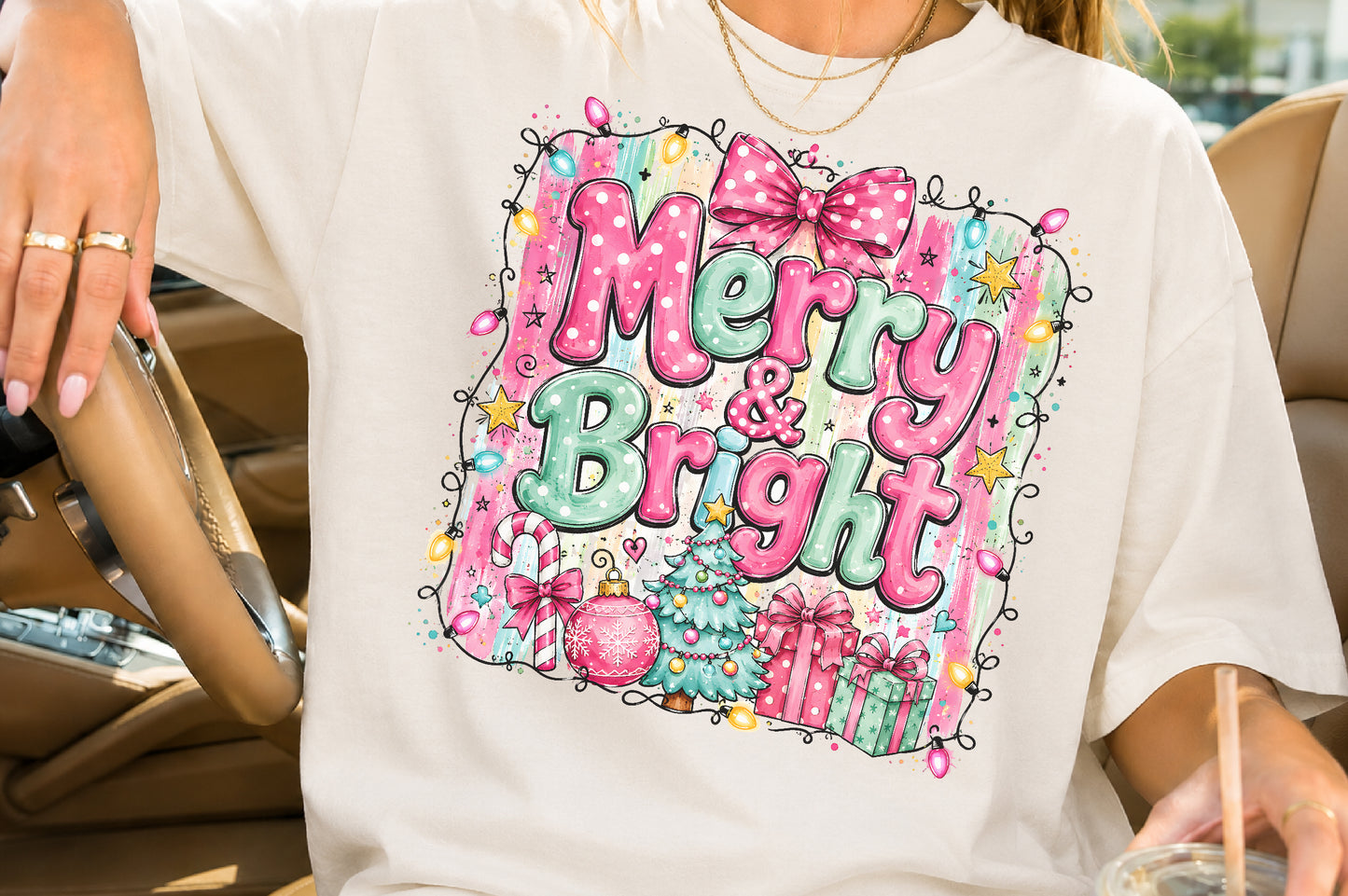 Merry & Bright Christmas PNG Pink Green Holiday Tree Gift Sublimation Design