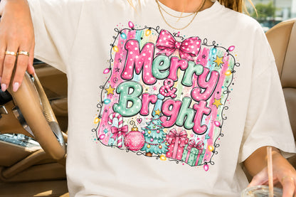 Merry & Bright Christmas PNG Pink Green Holiday Tree Gift Sublimation Design