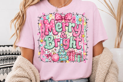 Merry & Bright Christmas PNG Pink Green Holiday Tree Gift Sublimation Design
