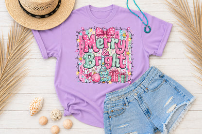 Merry & Bright Christmas PNG Pink Green Holiday Tree Gift Sublimation Design